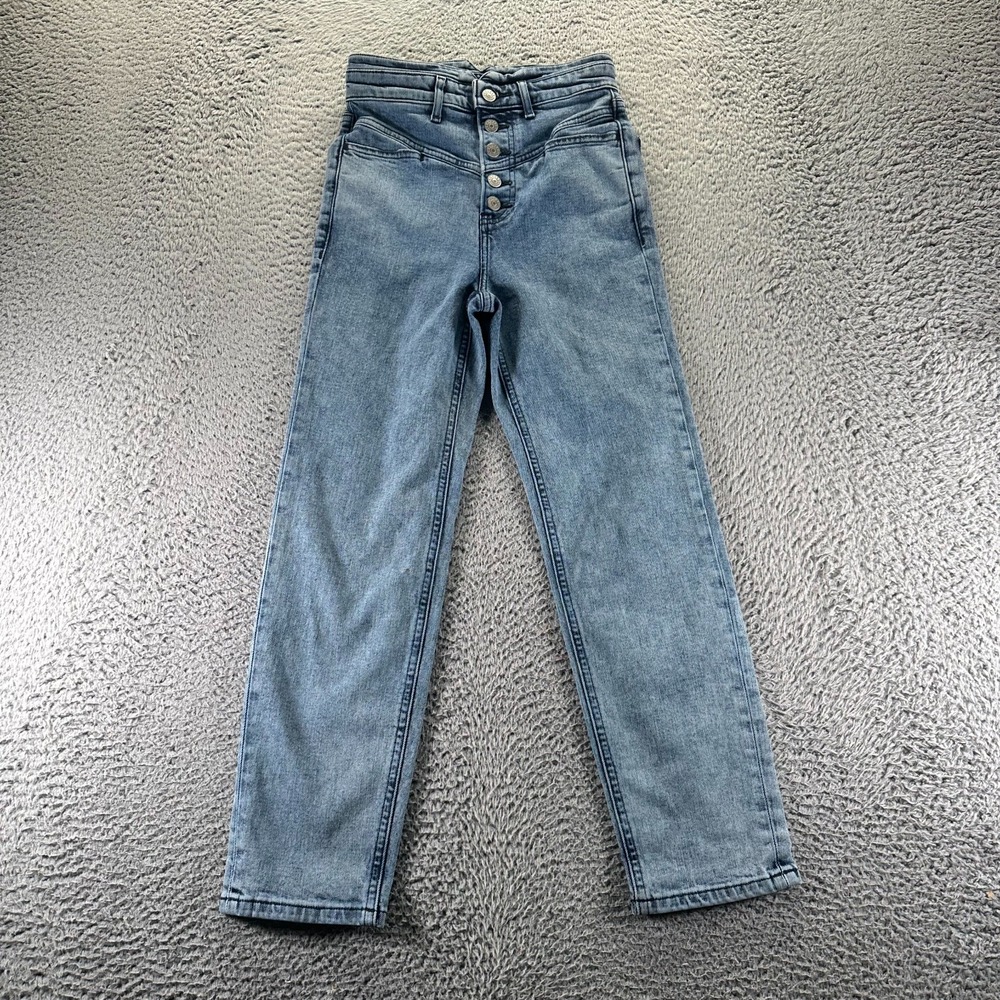 Express Jeans Womens 00 Blue Denim Mom Straight High-Rise Stretch Button Fly